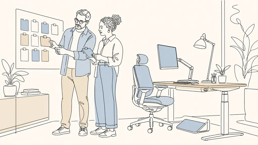 French small business manager and employee reviewing color-coded workload planning cards beside an ergonomically adjusted workstation, candid editorial photography, no text, no logo