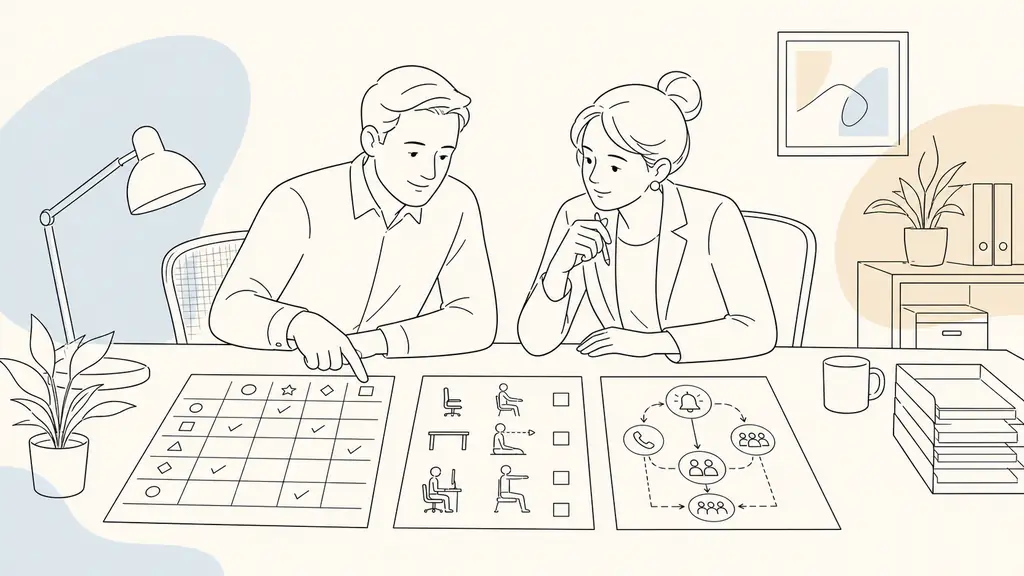 French SME manager and employee comparing a QVCT training selection table, an ergonomic workstation checklist and a workplace alert protocol during a practical meeting, editorial photography, no text, no logo