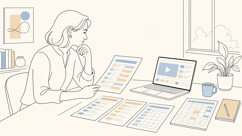 Editorial photograph of a career changer comparing color-coded training schedules beside a payroll practice spreadsheet and an open laptop showing a video course, natural office light, no visible text or logos
