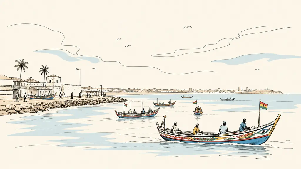 Colorful fishing boats returning to Jamestown harbor in Accra, with the Gulf of Guinea coastline and Chorkor visible in the distance, editorial photography, no text, no logo