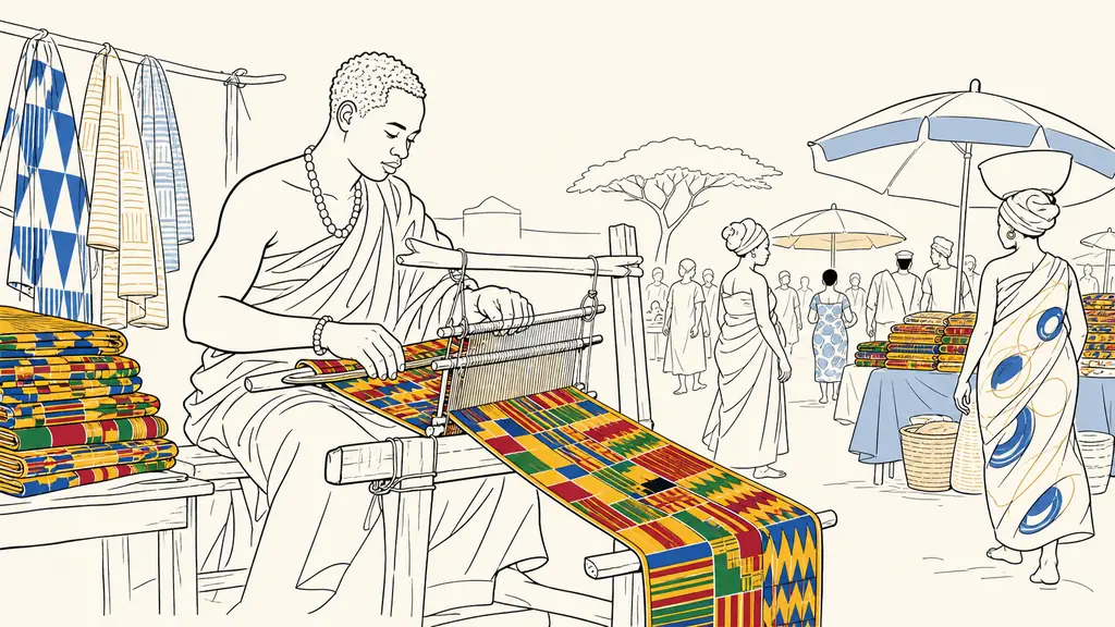 Ashanti artisan weaving brightly colored geometric kente cloth beside fabric stalls in a busy Kumasi market, editorial photography, no text, no logo