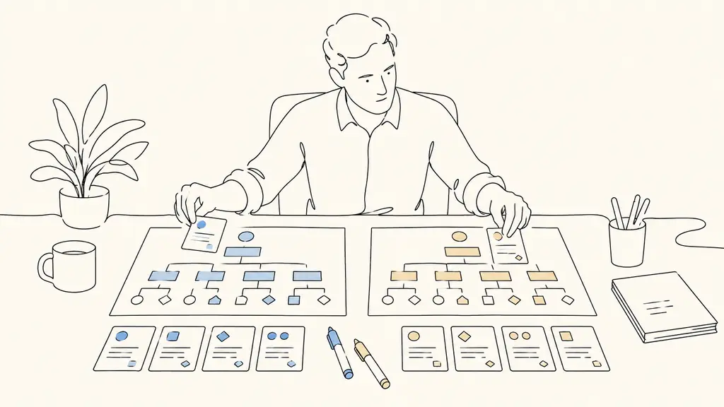 editorial photograph of a manager comparing two printed organizational charts on a desk, sorting entity cards into separate columns with colored markers, no visible text or logos