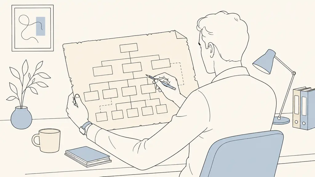 editorial photograph of a business owner reviewing a dated organizational chart, tracing reporting lines between executive and support-function cards with a pencil, no visible text or logos