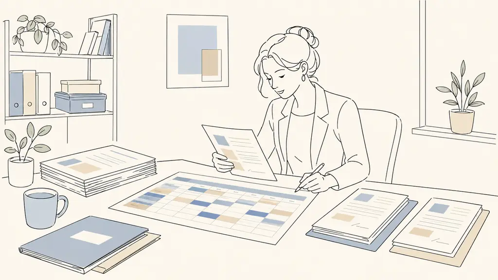 payroll manager reviewing a color-coded weekly shared-work schedule beside signed employee and member-company agreements in a small cooperative office, no visible text or logo