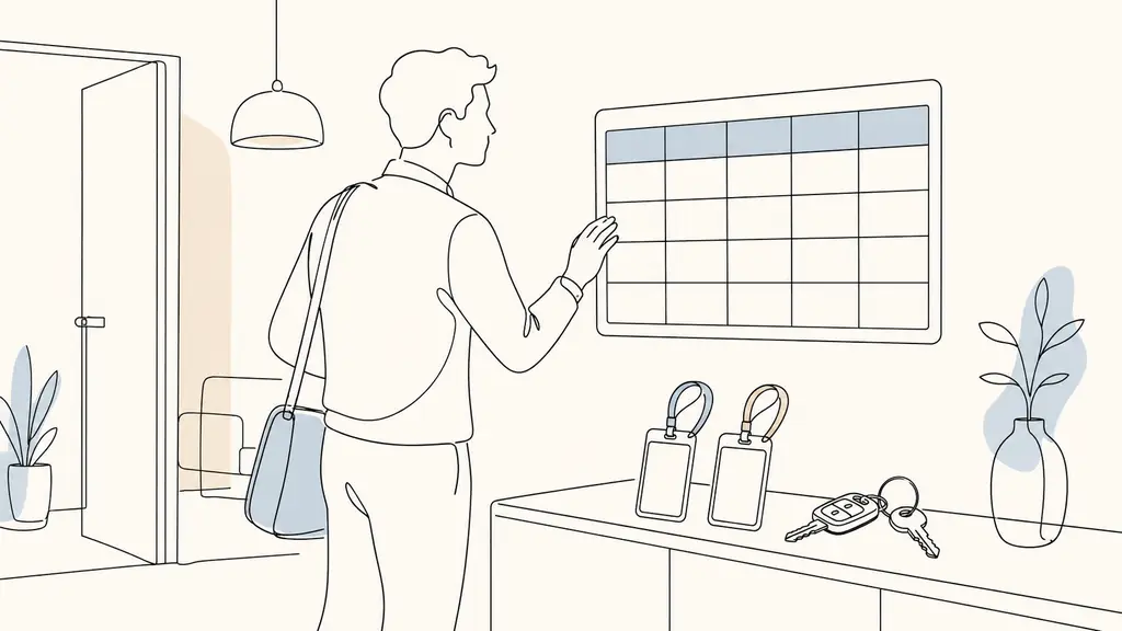 employee checking a shared weekly schedule beside car keys and two workplace access badges before traveling between company sites, no visible text or logo