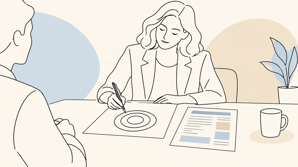 Small business manager drawing three concentric circles on blank paper beside a printed job description during a recruitment meeting, no readable text or logos