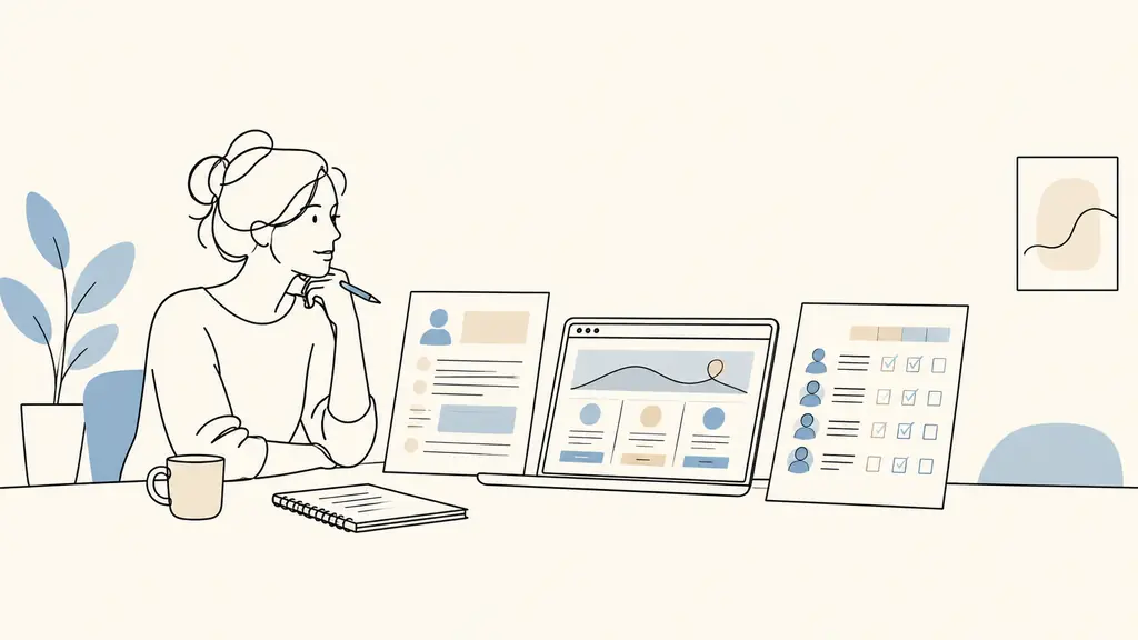 Small business owner reviewing a sales manager job description beside a career page mockup and an interview evaluation grid, no readable text or logos