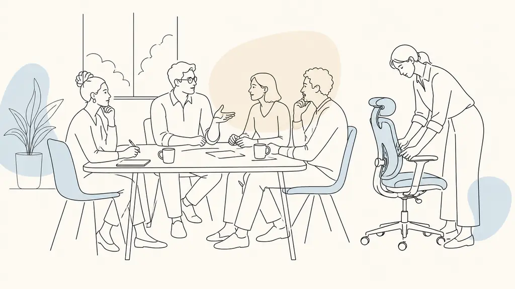 Editorial photograph of a small office team discussing workload around a table while one employee adjusts an ergonomic chair, natural light, no text, no logo