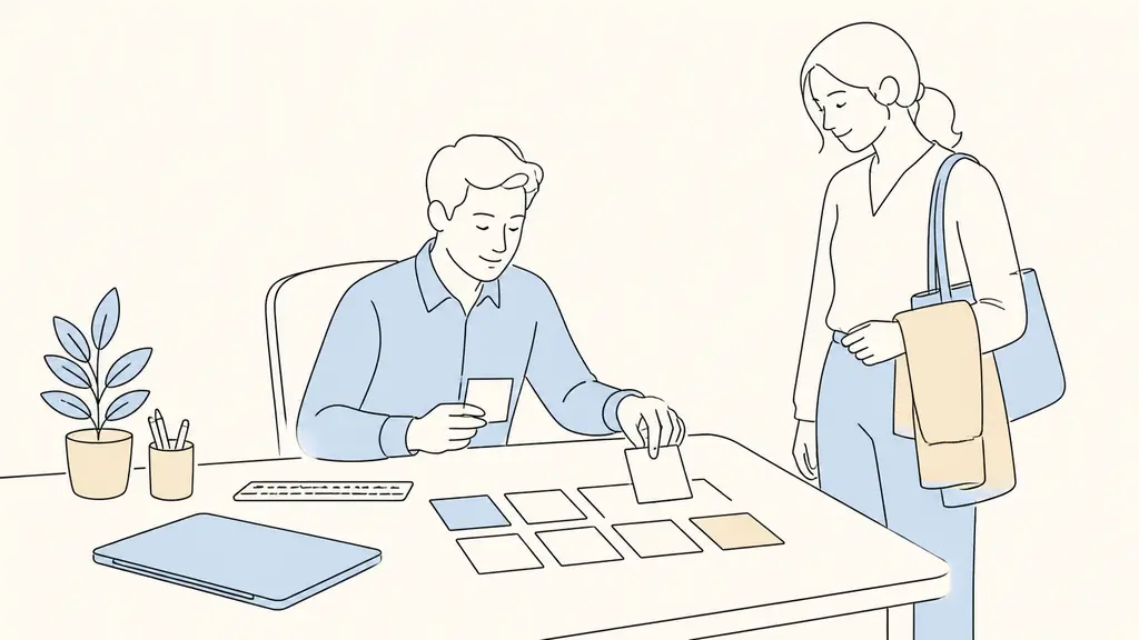Editorial photograph of a small business manager reorganizing workload cards with an employee beside an ergonomic keyboard and a closed laptop at the agreed finishing time, no text, no logo