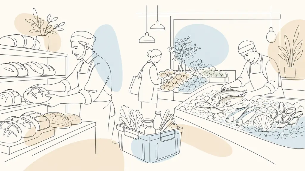 Editorial photograph inside a supermarket bakery and fresh food area, with a baker arranging loaves, a fishmonger preparing a seafood counter, and a drive order crate ready for collection, no text, no logos
