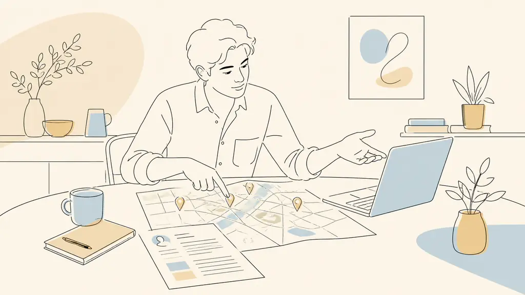 Editorial photograph of a job seeker at a kitchen table comparing nearby locations on a paper map beside an open laptop and a printed CV, no visible text, no logos