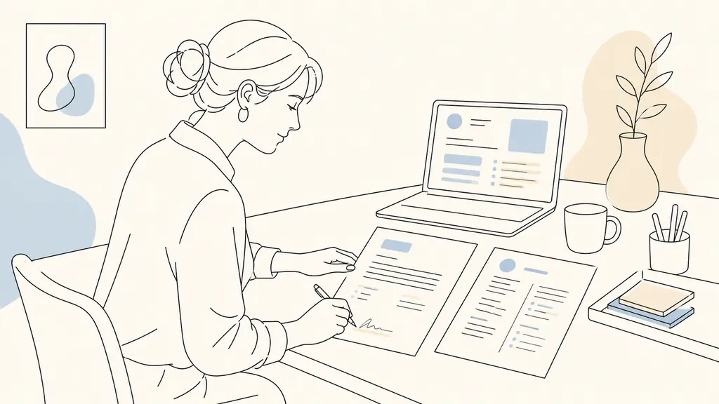 Business owner editing a one-page application letter beside a CV, holding a pen near a handwritten signature while a laptop displays a clean document layout, editorial photography, no readable text, no logo