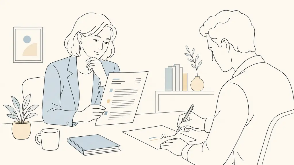 Recruiter reviewing a printed application letter with a contact header, three clearly separated paragraph blocks marked with colored tabs, and a candidate signing the bottom with a pen, editorial photography, no readable text, no logo