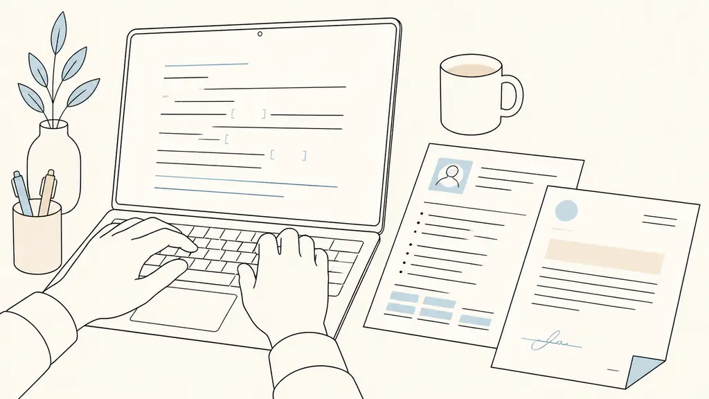 Close-up editorial photograph of a candidate replacing bracketed placeholders in a cover letter on a laptop, with a printed CV and a signed PDF preview visible beside it, no text or logo