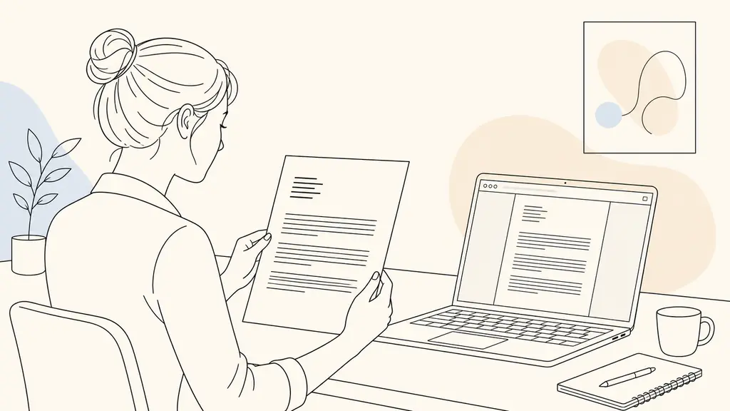 Editorial photograph of a candidate reviewing a printed cover letter with a recipient contact block, three clearly separated paragraph sections, and a PDF preview on a laptop, no legible text or logo
