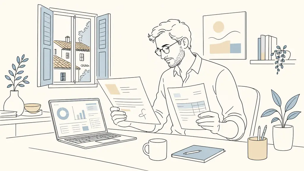 Independent consultant in a small Dax office reviewing a commercial contract and a payslip beside a laptop displaying an invoice dashboard, no visible text or logos