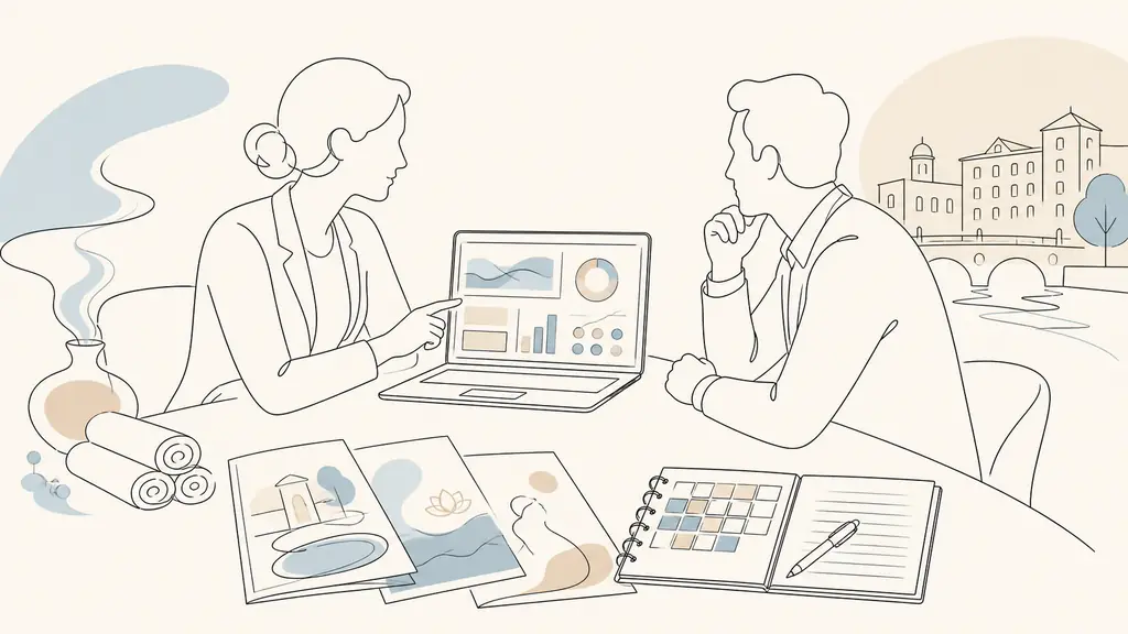 Independent consultant presenting a digital audit on a laptop to the manager of a thermal hotel in Dax, with spa brochures and a project planning notebook on the table, no visible text or logos