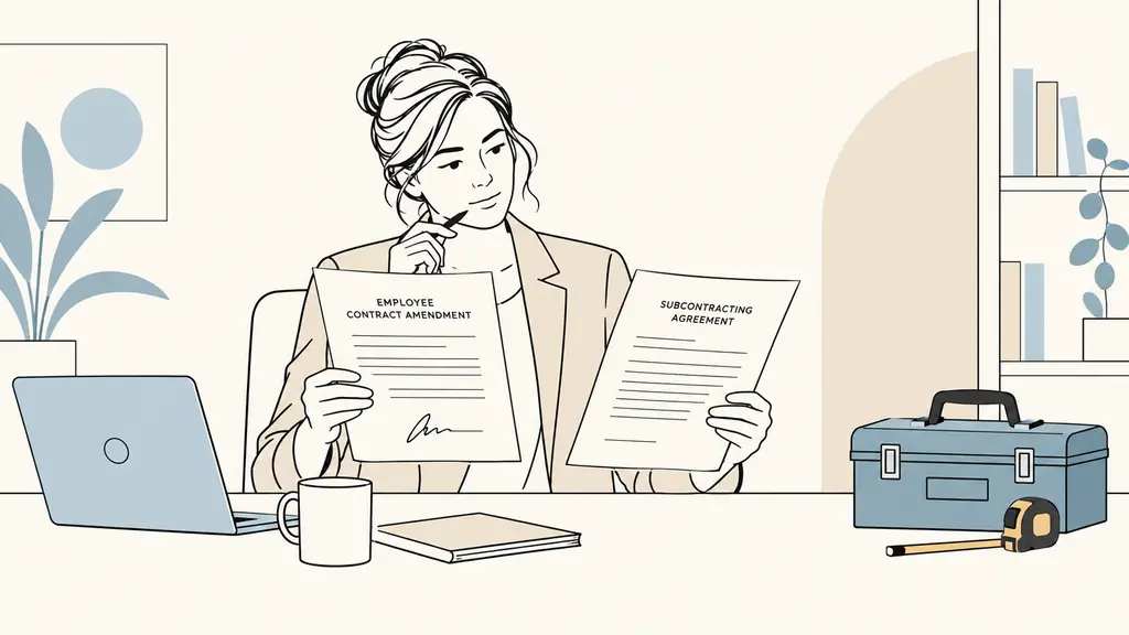 Editorial photograph of a small business manager comparing a signed employee contract amendment and a subcontracting agreement on a desk beside a contractor-owned toolbox