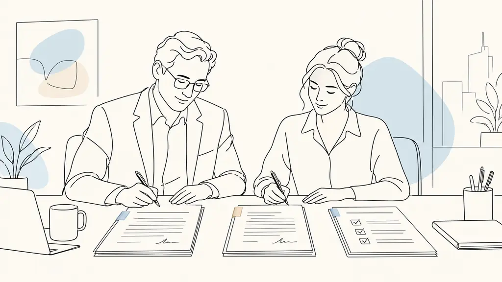 Editorial photograph of a small business manager and an employee signing a contract amendment beside an individual secondment agreement and a workplace safety checklist