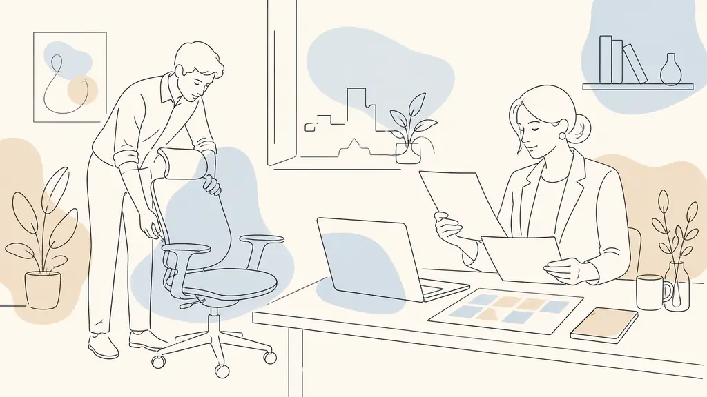Editorial photograph in a small French office, an employee adjusting an ergonomic chair beside a laptop while a manager reviews a weekly workload schedule and an anonymous survey sheet, no visible text or logo