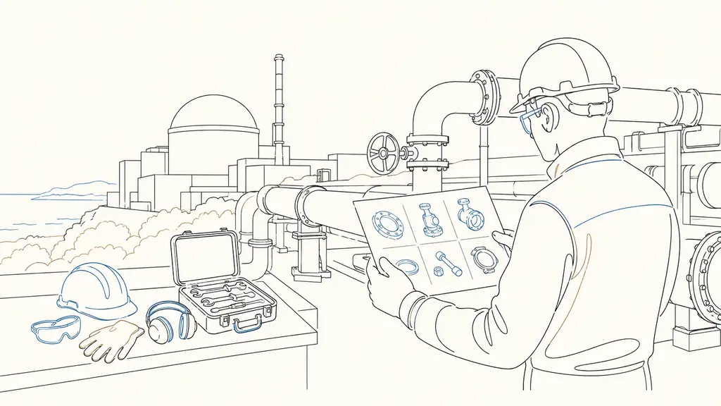 Maintenance engineer reviewing a mechanical intervention procedure beside industrial piping at Flamanville 3 EPR, with parts checklist and safety equipment, no text or logo