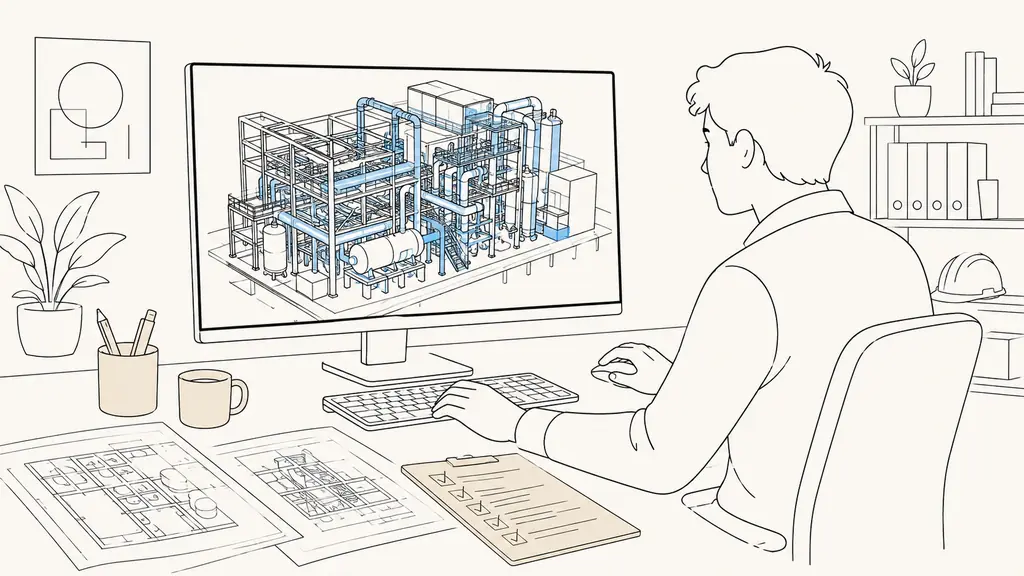 BIM apprentice reviewing a detailed 3D industrial model on a computer beside printed technical plans and a marked-up coordination checklist, no text or logo