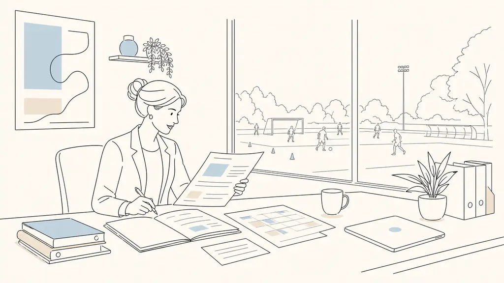 HR professional reviewing seasonal staff contracts and an event staffing schedule inside a professional sports club office overlooking the training field, editorial photography, no text, no logo