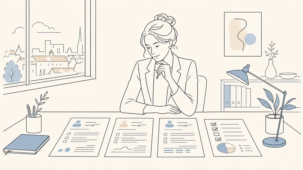Recruiter in a Rennes office comparing printed job descriptions for HR assistant, HR officer and HR manager roles beside a compensation package checklist, editorial photography, no text, no logo