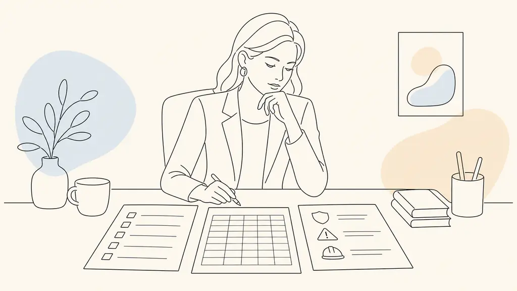 Editorial photograph of an HR manager reviewing an onboarding checklist beside a payroll spreadsheet and a workplace risk assessment sheet, no visible text or logos