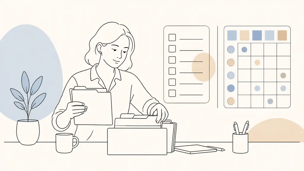 Editorial photograph of a small business owner sorting candidate folders beside an unlabeled payroll checklist and a color-coded skills matrix, no visible text or logos