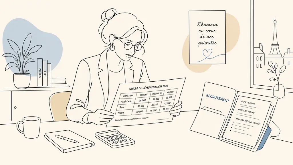HR manager reviewing a printed salary grid showing assistant, payroll and HRIS roles beside a calculator and an open recruitment file in a small French office