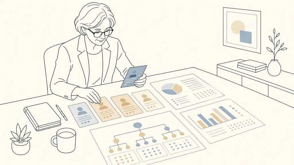 Senior HR manager comparing color-coded career progression cards, anonymized payroll charts and a multi-site organizational diagram on a desk, editorial office photograph, no text, no logo