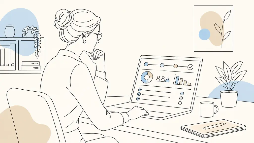 HR manager reviewing an onboarding timeline, turnover dashboard and milestone checklist on a laptop at a small company office