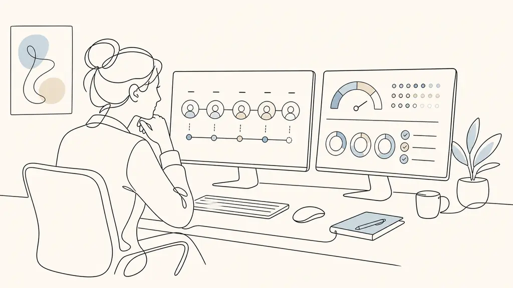 Small business manager comparing an ATS recruitment timeline, an eNPS survey summary and a training completion dashboard on two office screens, no text or logos