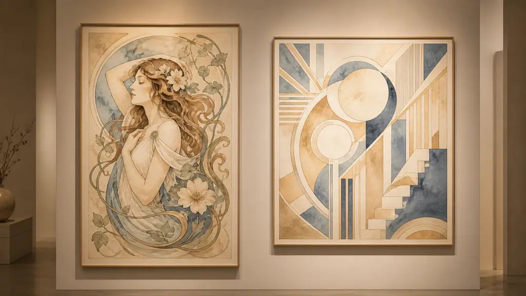 Editorial photograph of an Art Nouveau poster with flowing hair and climbing plant stems beside an Art Deco decorative panel featuring circles, sharp angles and stepped geometric motifs, museum lighting, no text, no logo