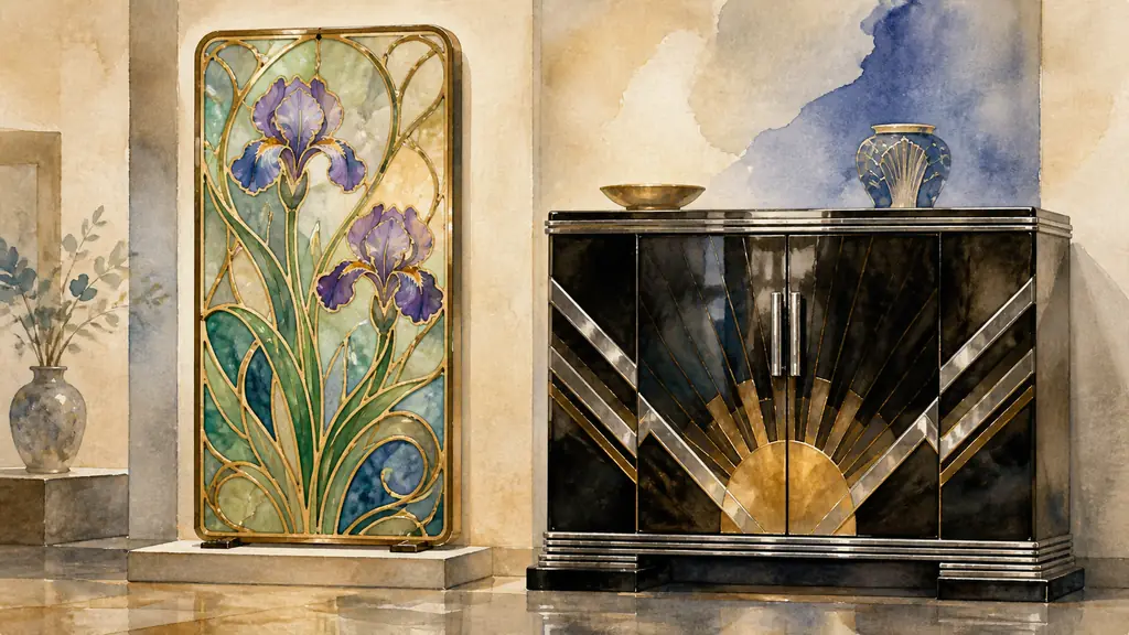 Editorial museum photograph of an Art Nouveau enameled iris panel beside an Art Deco lacquered cabinet with chrome chevrons and a sunburst motif, soft gallery lighting, no text, no logo
