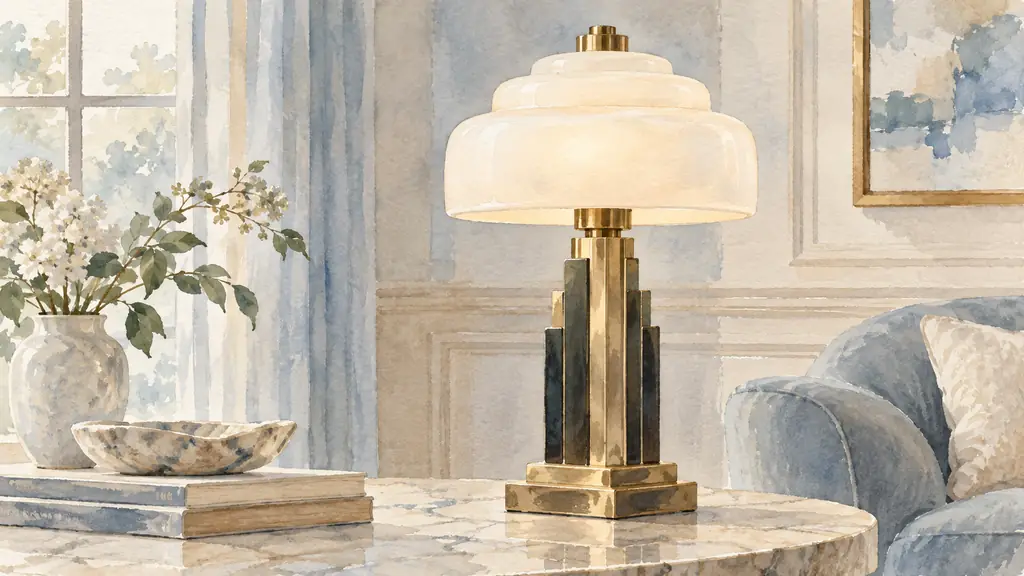 Editorial interior photograph of an Art Deco table lamp with stepped geometric base, opaline glass shade and contrasting polished metal details, no text, no logo