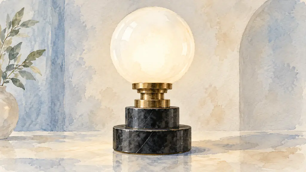 Editorial close-up photograph of an Art Deco table lamp with a molded opaline glass globe, warm brass fittings and a dark stone stepped base, no text, no logo