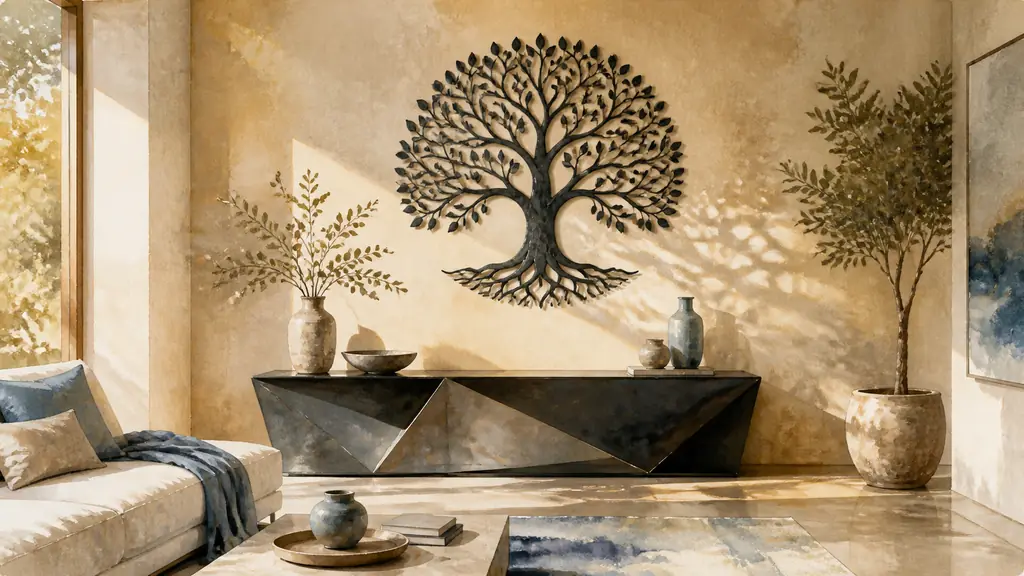 Editorial photograph of a contemporary living room featuring a black metal tree of life wall sculpture above an angular console, with lateral afternoon light casting leaf-shaped shadows on a warm neutral wall, no text, no logo