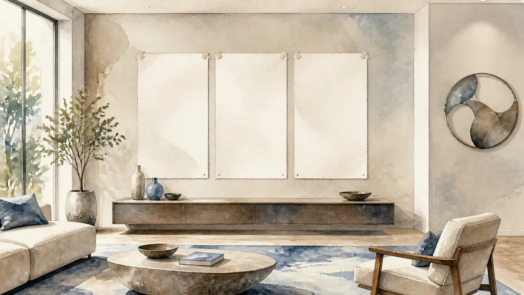 Editorial photograph of a large living room wall with paper templates outlining a metal triptych above a low sideboard, visible spacing between panels and a round metal sculpture considered on an adjacent narrow wall, no text, no logo