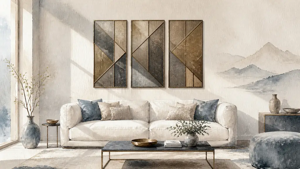 Editorial interior photograph of a geometric metal triptych above a sofa, with lateral daylight casting precise shadows and a subtle mountain silhouette nearby, no text, no logo
