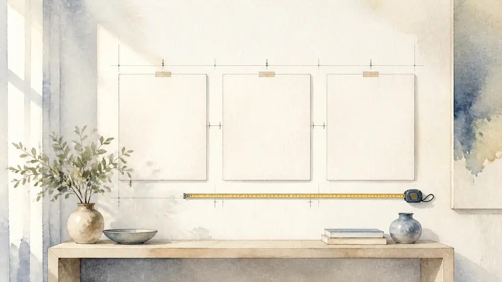 Editorial interior photograph showing paper templates for a horizontal metal triptych above a console, a tape measure on the wall, and precise gaps marked between the three panels, no text, no logo
