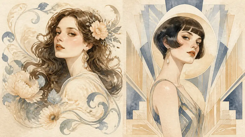 editorial photograph of two vintage female portraits side by side, one framed by flowing floral arabesques and long wavy hair, the other showing a woman with a short bob against symmetrical geometric patterns, no text or logo
