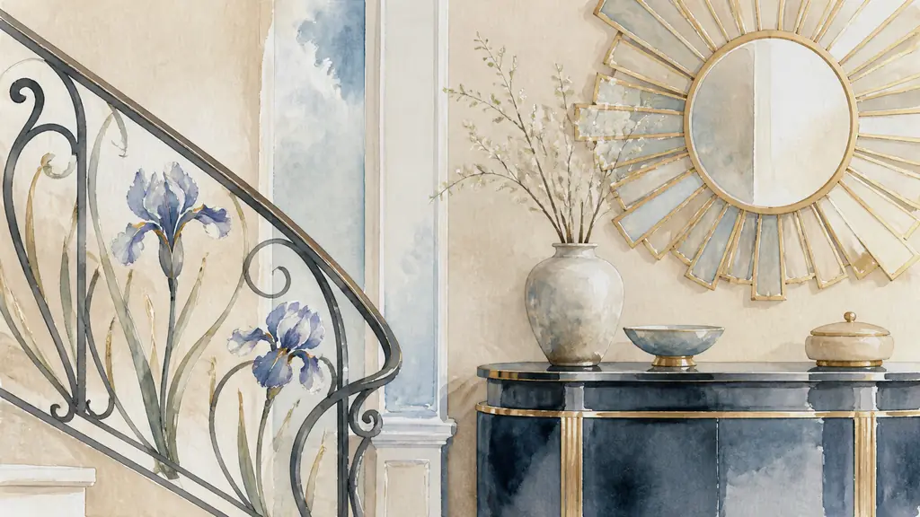 editorial photograph of an interior detail contrasting a wrought iron railing with iris-like flowing curves, a polished lacquered console and a geometric sunburst mirror, no text or logo