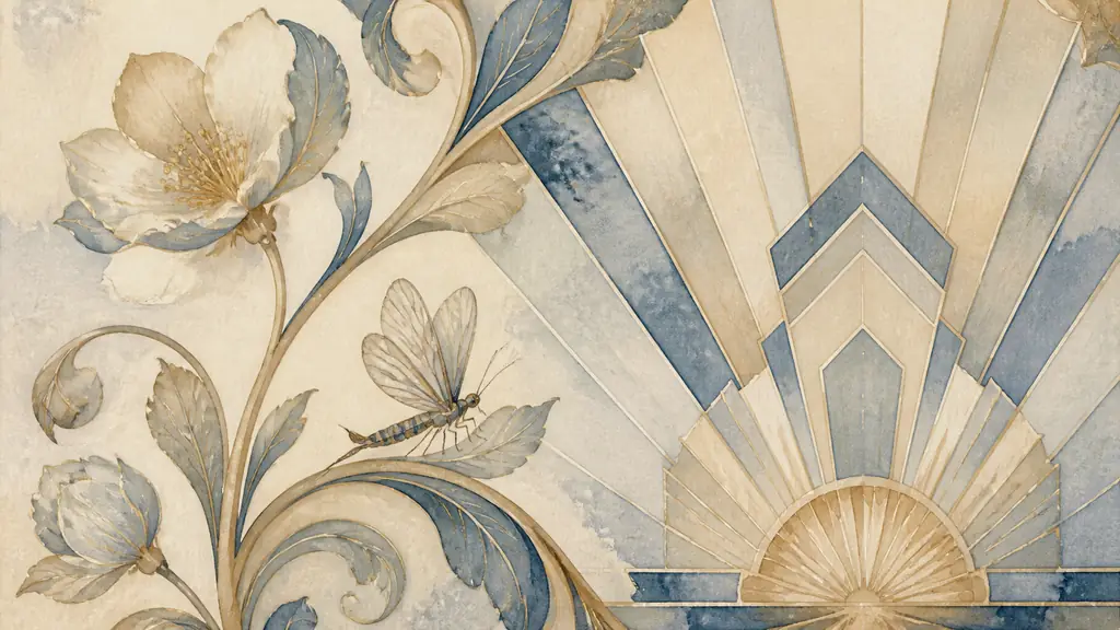 Editorial museum close-up of a sinuous floral ornament with a winged insect beside a symmetrical fan-shaped Art Deco panel featuring chevrons and a radiant sunburst, soft gallery lighting, no text, no logo