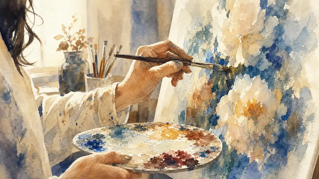 close-up editorial photograph of an artist painting on canvas, visible brushstrokes, thick oil paint texture, soft natural studio light, rich color contrasts, hands and palette in frame, no text, no logo