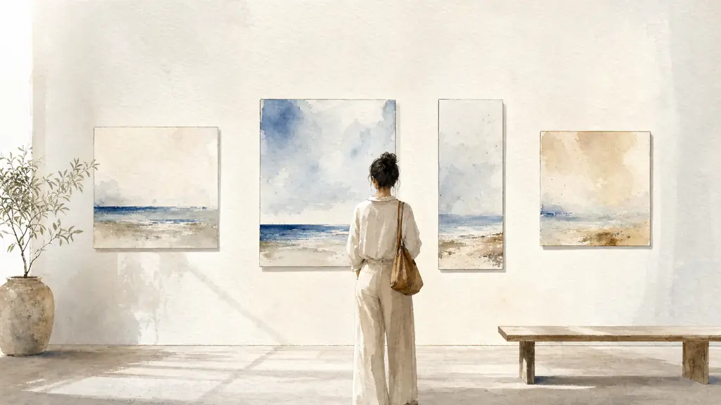 editorial photograph of several paintings from the same series displayed side by side in a quiet gallery, subtle variations in color and format, soft natural light, attentive viewer seen from behind, no text, no logo