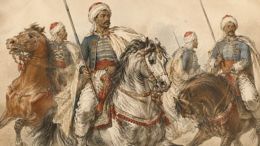 editorial close-up photograph of an 1844 antique print depicting spahis cavalry, with mounted riders, horse postures and fine engraved lines visible, no text or logo