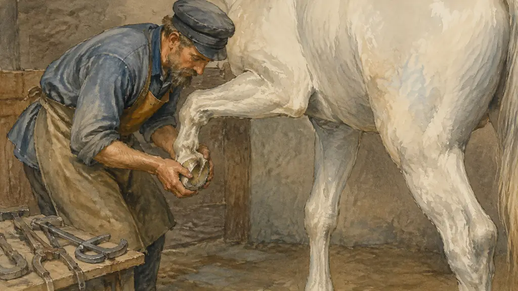 editorial close-up photograph of an 1865 antique print showing a Riga blacksmith bent beside a horse, holding its raised hoof, with metal tools visible on the workshop floor, no text or logo