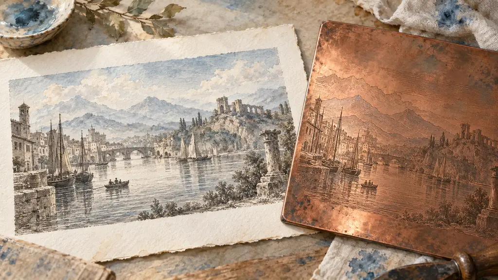 Close-up editorial photograph of an antique copperplate print showing a river port, distant ruins and mountains, with the engraved copper plate beside it in soft raking daylight, no text, no logo